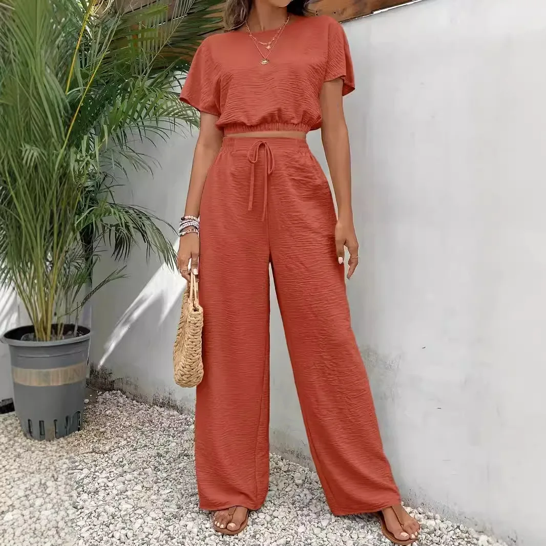 

Летняя мода 2024, однотонный комплект из двух предметов, женские повседневные короткие топы с круглым вырезом + широкие брюки с высокой талией, женский костюм, новинка