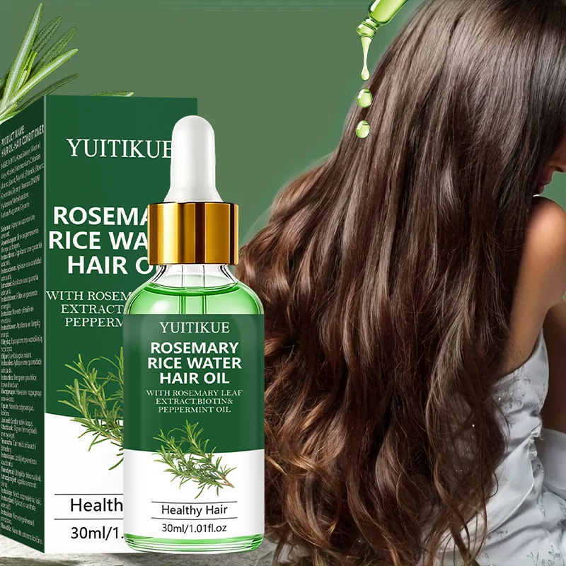 YUITIKUE Rosemary Rice Water Hair Oil Biotin Peppermint Oil Moisturize Scalp Fluffy Smooth Hair Care Serum