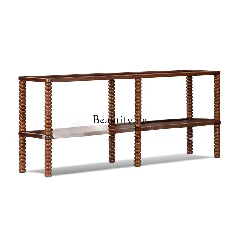 

French retro solid wood medieval living room partition sofa balcony rattan leisure table case