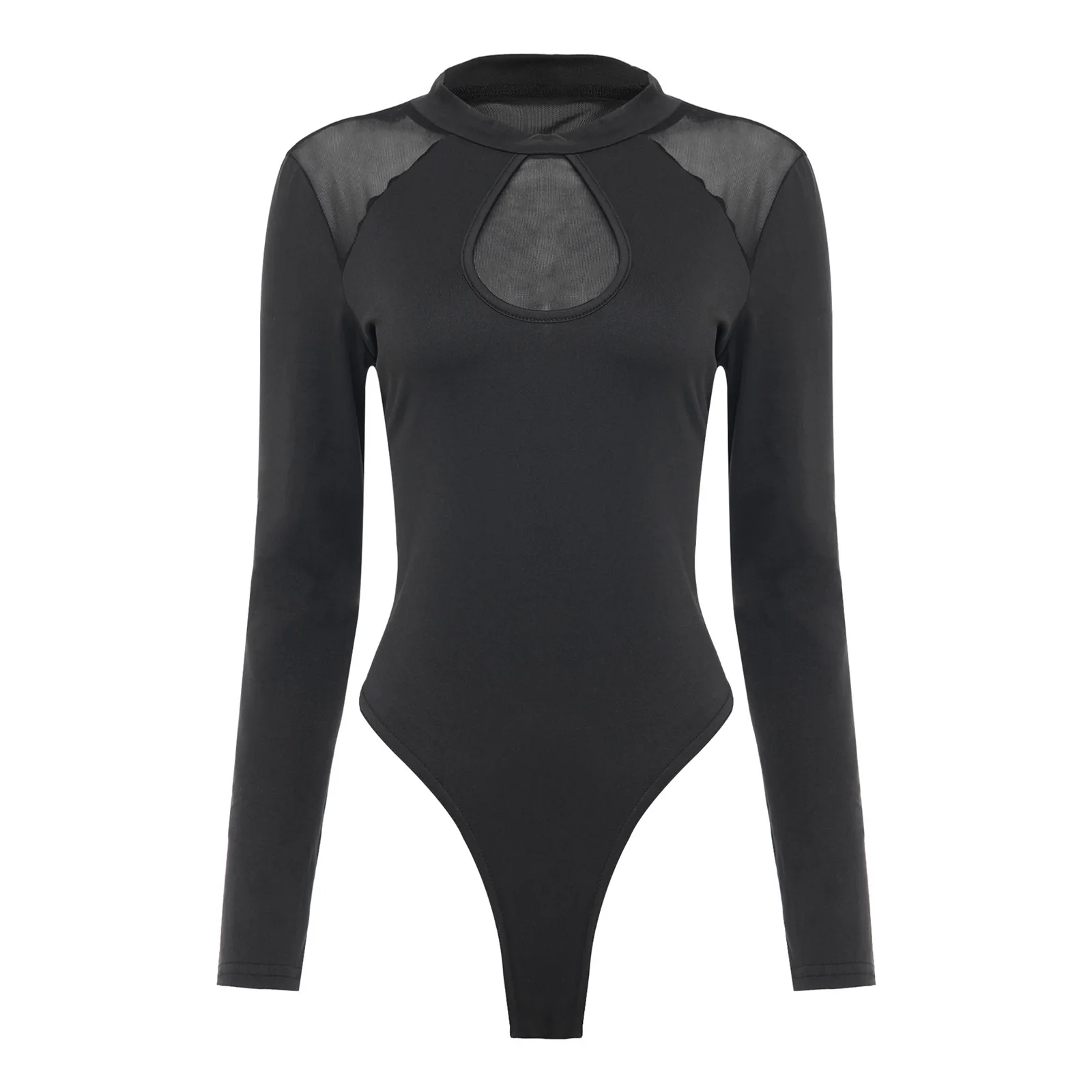 

Womens Sheer Mesh Patchwork Bodysuit Long Sleeve Buttoned Crotch Stretchy Leotard Jumpsuit for Daily Casual and Dancing Class