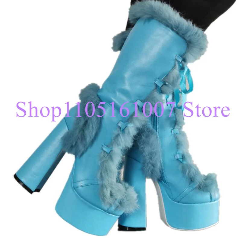 

Женские высокие сапоги на массивном каблуке с меховым декором, модный дизайн, женские сапоги до колена на платформе со шнуровкой, женские банкетные туфли большого размера