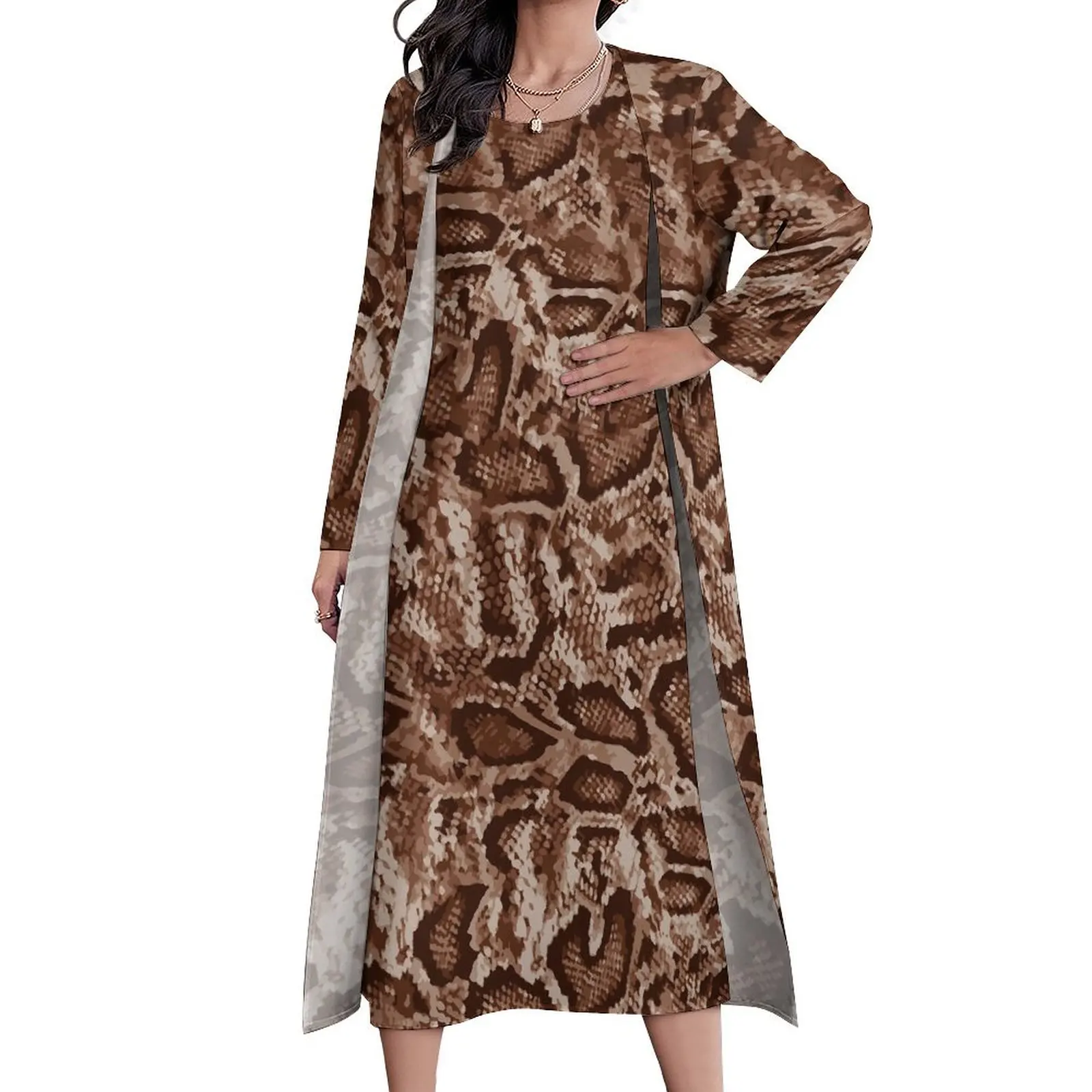 

Abstract Snakeskin Dress Brown Skin Print Party Maxi Dress Street Wear Boho Beach Long Dresses Spring Two Piece Design Clothes