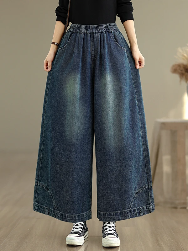 

Retro Chinese Sle Wide Leg Jeans Women Loose Casual Straight Slimming Pants Autumn Season plus Size l Waist Cotton