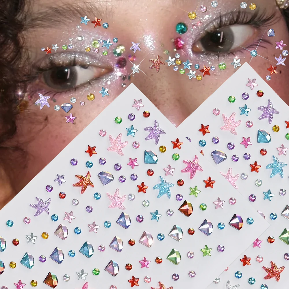1Pcs Aurora Iridescent Star Diamond Tattoo Stickers 8*12cm Y2K Girl Party Festival Makeup Face Rhinestones DIY Body Decorations