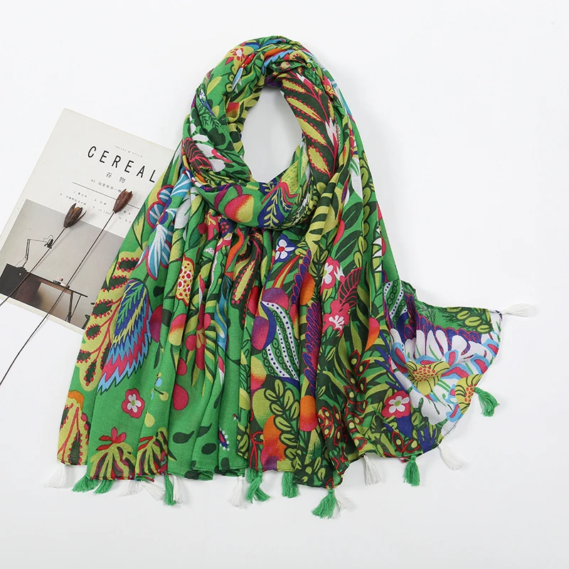 Floral Printed Cotton Viscose Shawl For Women Muslim Hijab Fashion Beach Long Scarf Tippet Ladies Wrap Tassel Headband