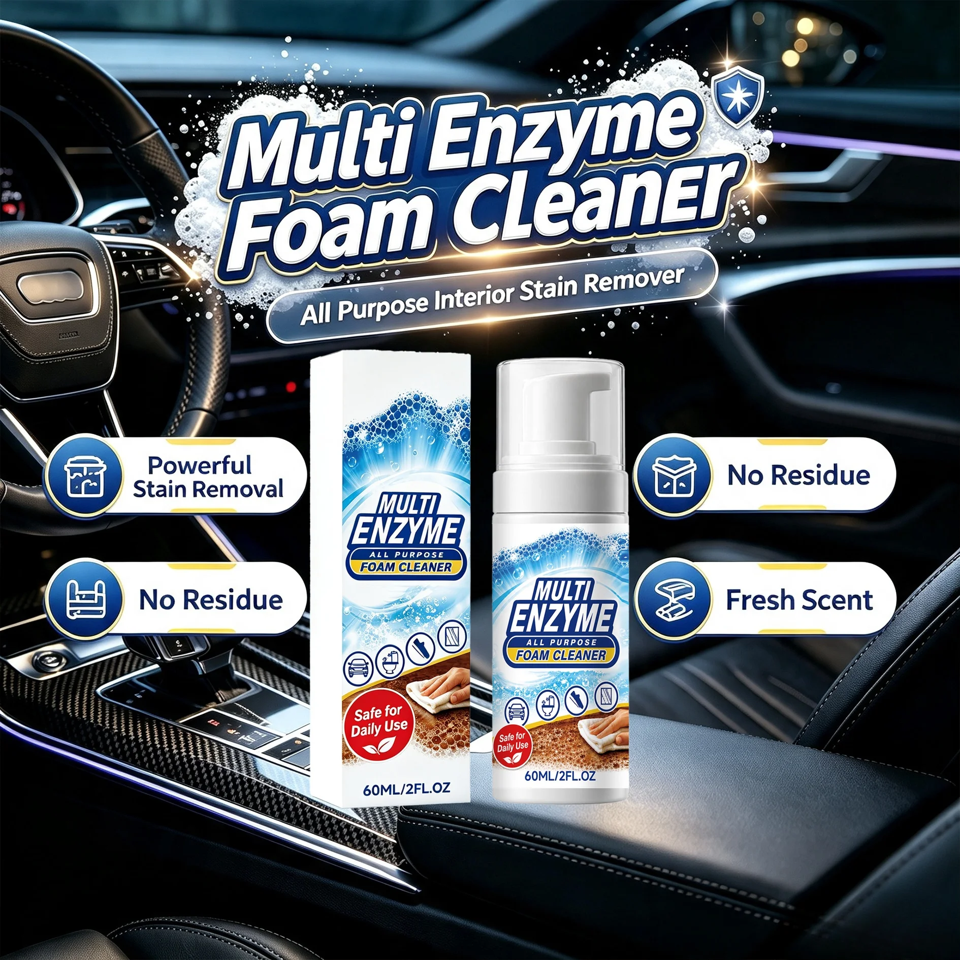 Multi Purpose Foam Cleaner Car Upholstery Stain Remove Fresh Scent No Residue For Home Daily Cleaning Multi‑Surface Foam Cleaner