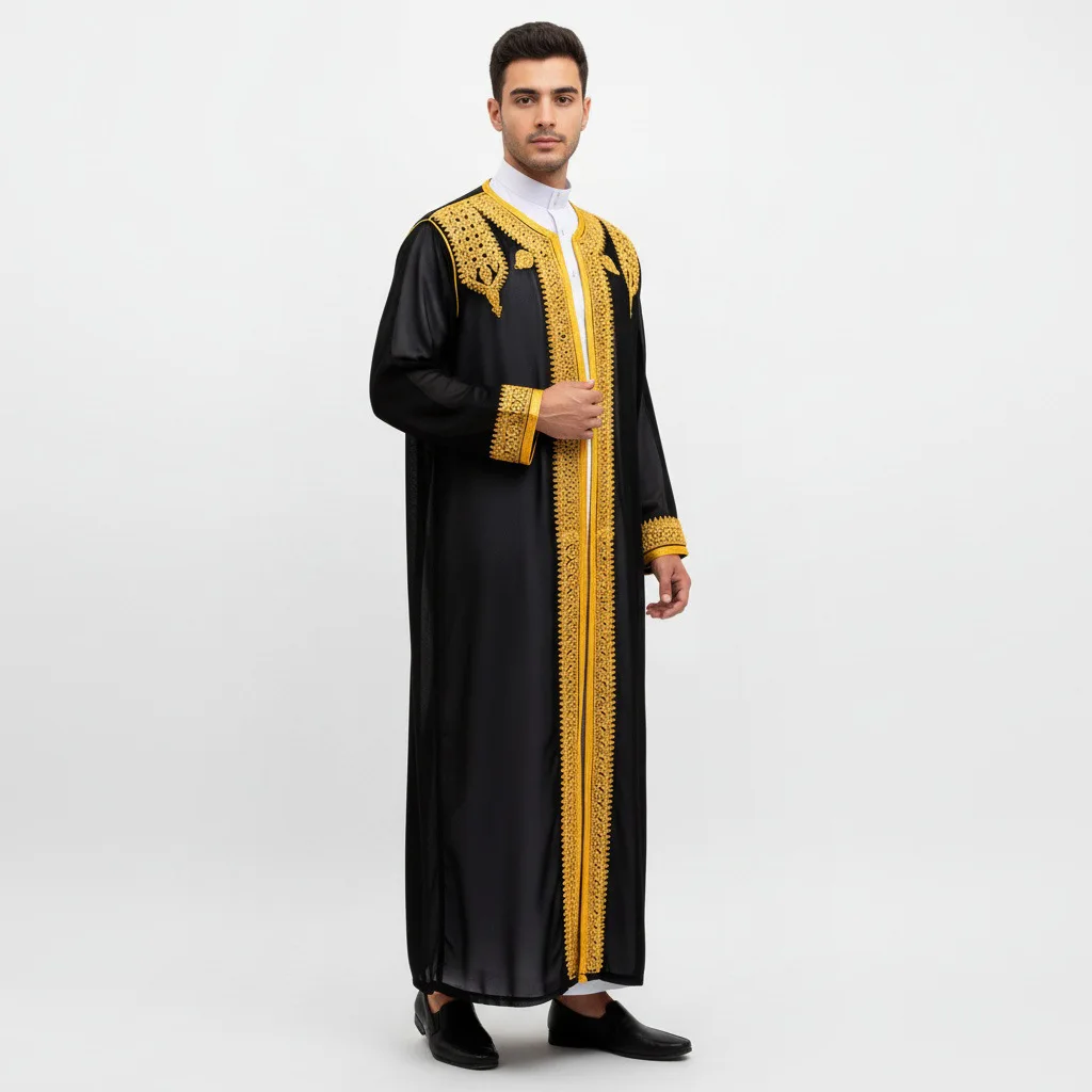 Robe masculino árabe tradicional thobe vestido bordado médio oriente étnico jubba thobes eid djellaba quimono abaya thoub dishesha