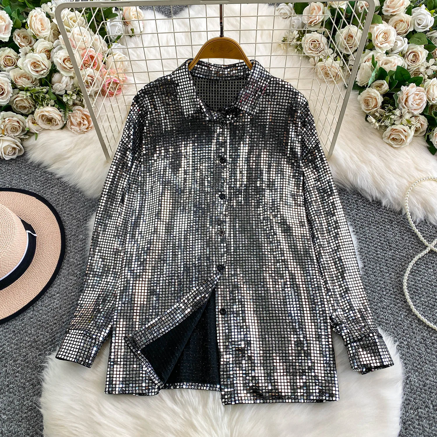 

SuperAen, осенне-зимняя новая роскошная рубашка-поло в европейском и американском стиле с металлическими блестками, женские свободные пальто