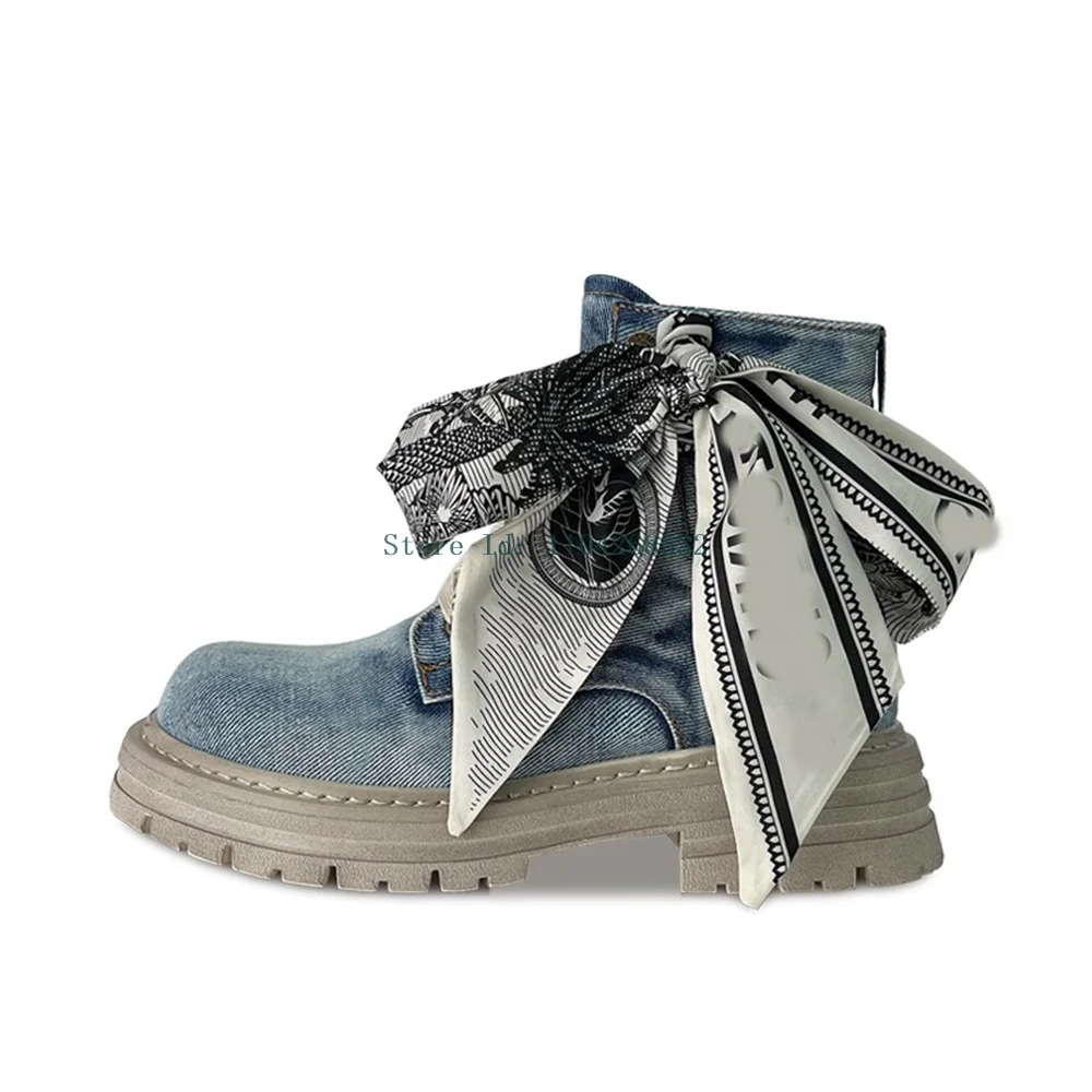 

Butterfly Riband Knot Gross Denim Ankle Booties Roud Toe Thicd Heel 2025 New Arrival Summer Spring Autumm