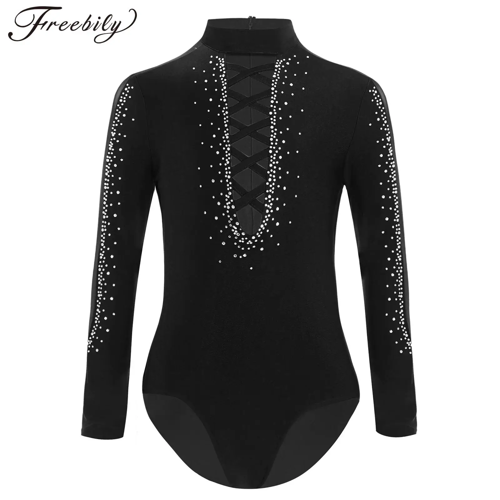 Kids Boys Shiny Rhinestones Figure Skating Dance Leotard Long Sleeve Mesh Hollow Out Bodysuit for Ballet Gymnastics Acrobatics