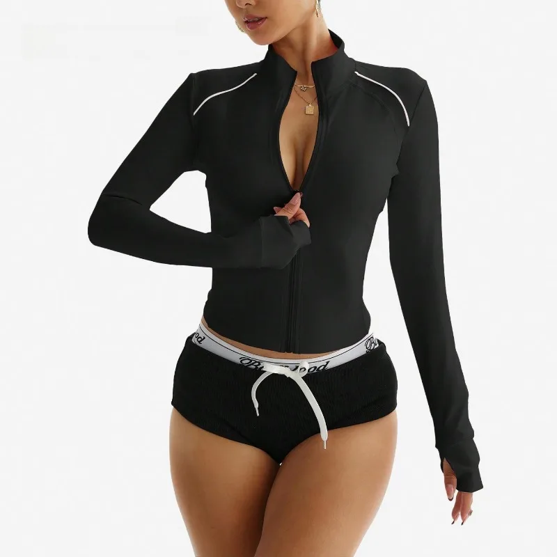 سترة اليوغا النسائية كتلة اللون البريدي الأمامي اقتصاص سترة طويلة الأكمام اللياقة البدنية أعلى الخصر Cinching عارضة أنيقة الرياضة إلى طبقة الشارع #2