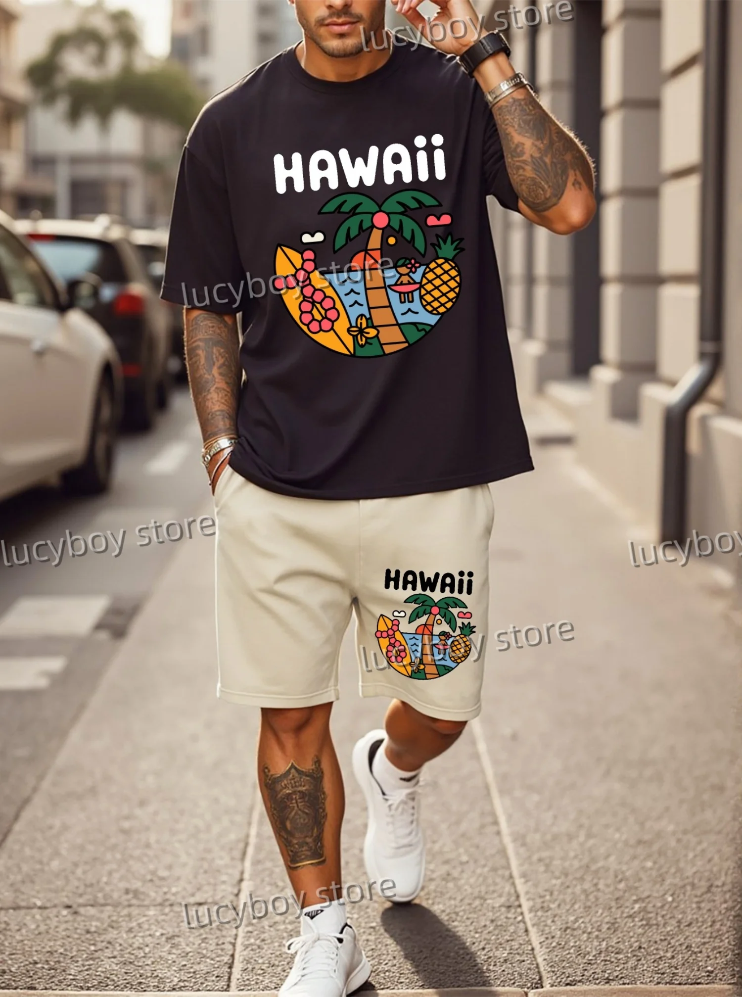 Hawaii Oversized Men Short-Sleeve T-Shirt Set Trendy Plus-Size Apparel Men Tracksuit Outfit Summer Oversized 2 Piece Set Clothes