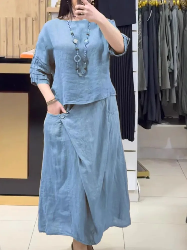 

Women's Cotton Linen Skirts Sets Casual Solid Color Loose Half Sleeve Tops Long Skirts 2piece Suit Spring Summer New Female Set