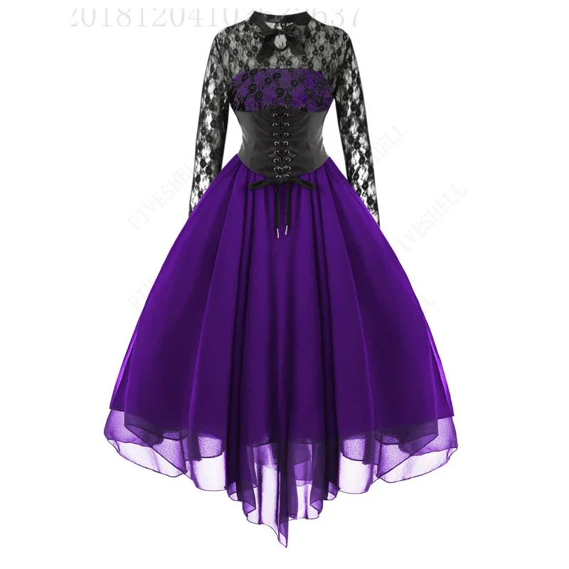 2023 Women Gothic Punk Vintage Party Dresses Sleeveless Cross Back Lace Patchwork Halter Lace Up Court Corset Swing Dress