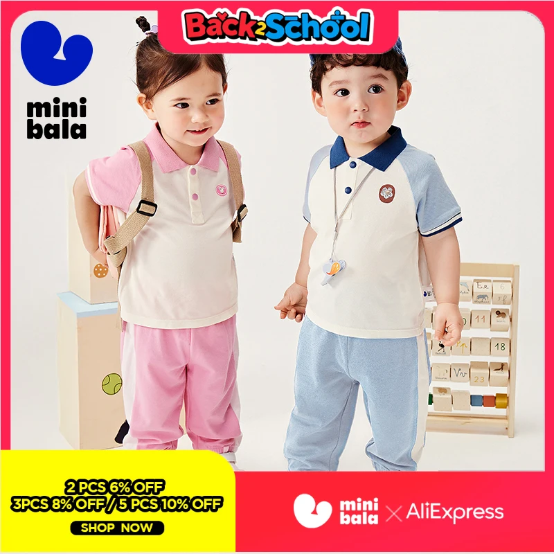 

Легкий школьный стиль Mini Bala для мальчиков и девочек, комплект-поло в стиле ретро с длинными рукавами и короткими рукавами, летний прохладный антибактериальный комплект