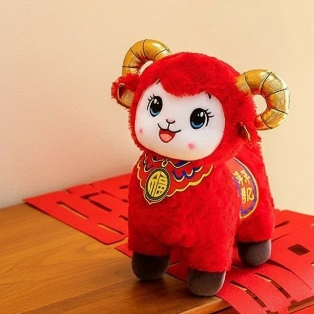 Festive Stuffed Animal Red Zodiac Sheep Doll Soft Chinese 2027 Ram Mascot Traditional Cute New Year Gift Corporate Event