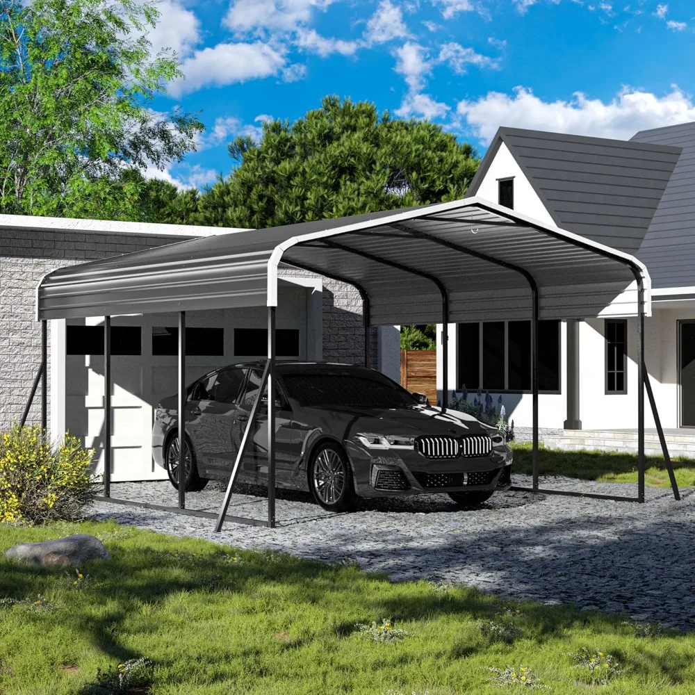 Carport 10x15 FT Heavy Duty Carport Canopy with Updated Frame Structure Galvanized Steel Roof and Enhanced Base, Metal Carport