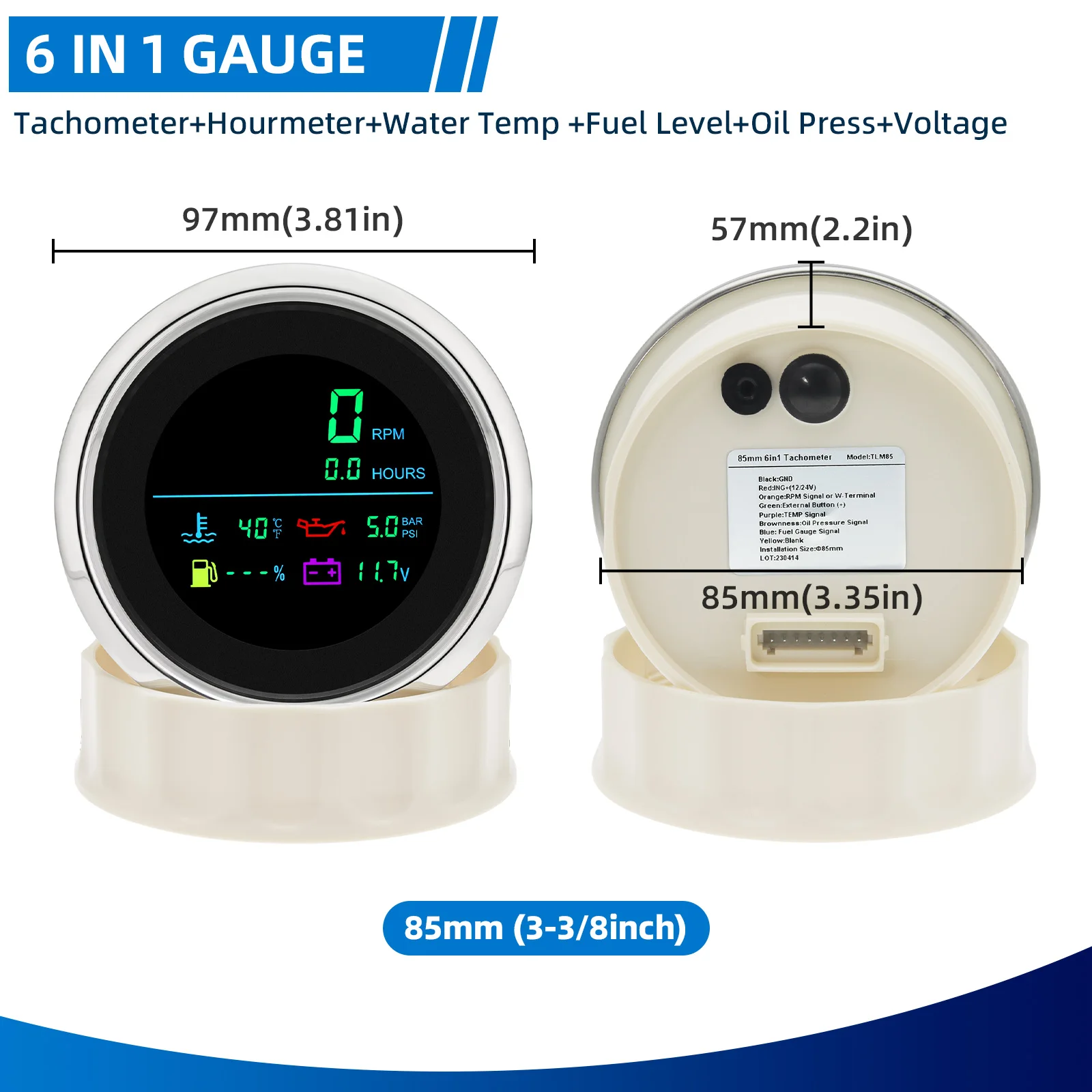 Multi-Function 6 in 1 Gauge Fuel Level RPM Tachometer Water Temp Oil Pressure Voltage Indicator Hour Meter For Boat Car 12V 24V 4