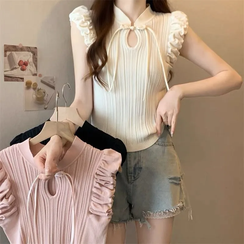Buckle Stand-up Collar Design Pleated Small Flying Sleeves Sweet and Spicy National Style Element Knitted Top Women