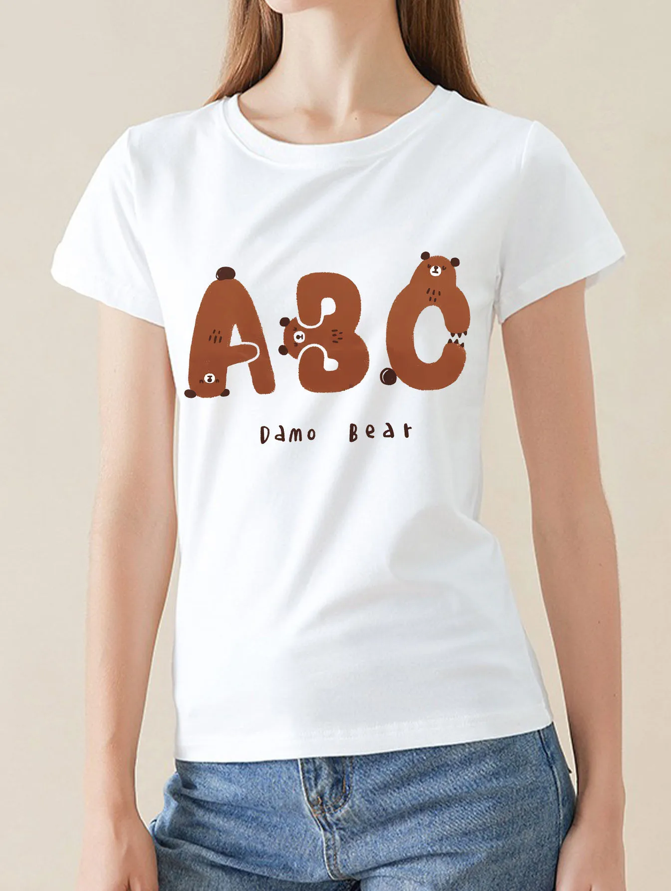 

Women's Casual Short Sleeve T-Shirt With Bear Letter Design, Soft Cotton Home Wear Tee For Ladies