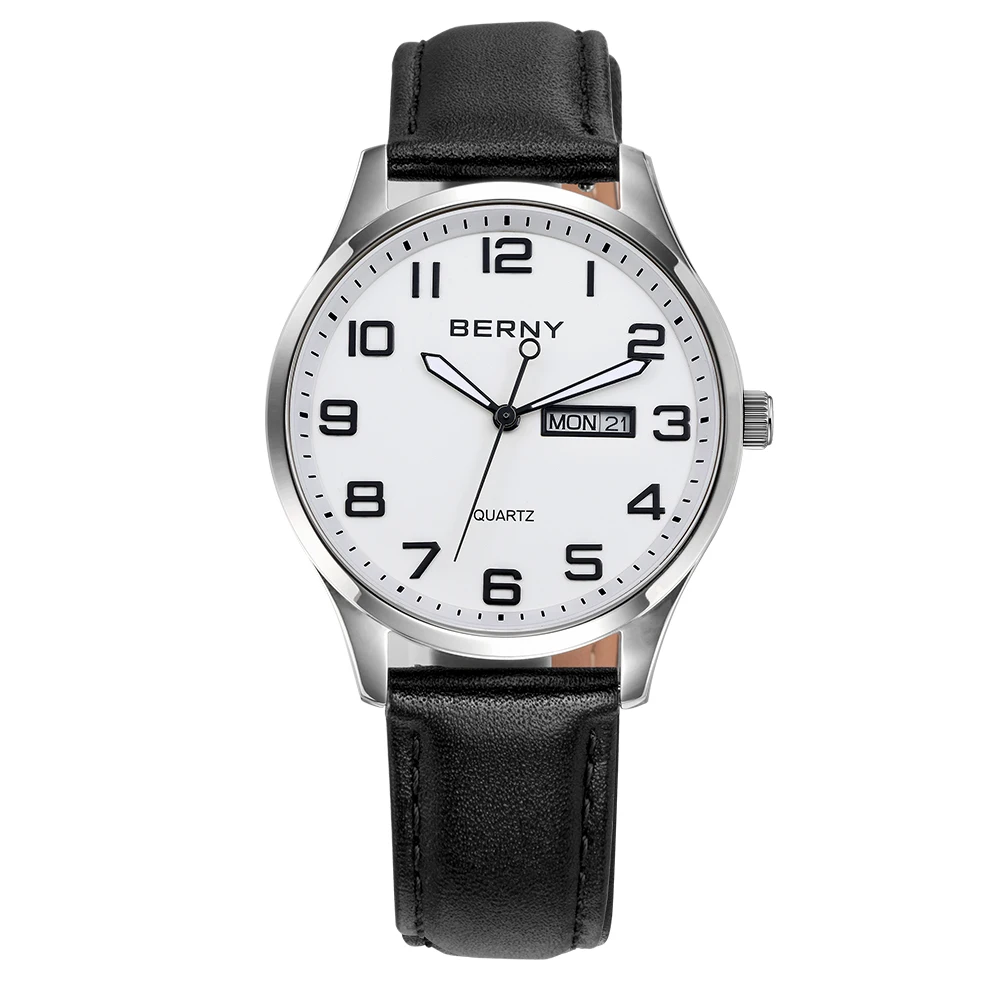 BERNY Quartz Watch for Men Miyota 2105 Luminous Waterproof Casual Day&date Stainless Steel Leather Top Quality Men's Wristwatch