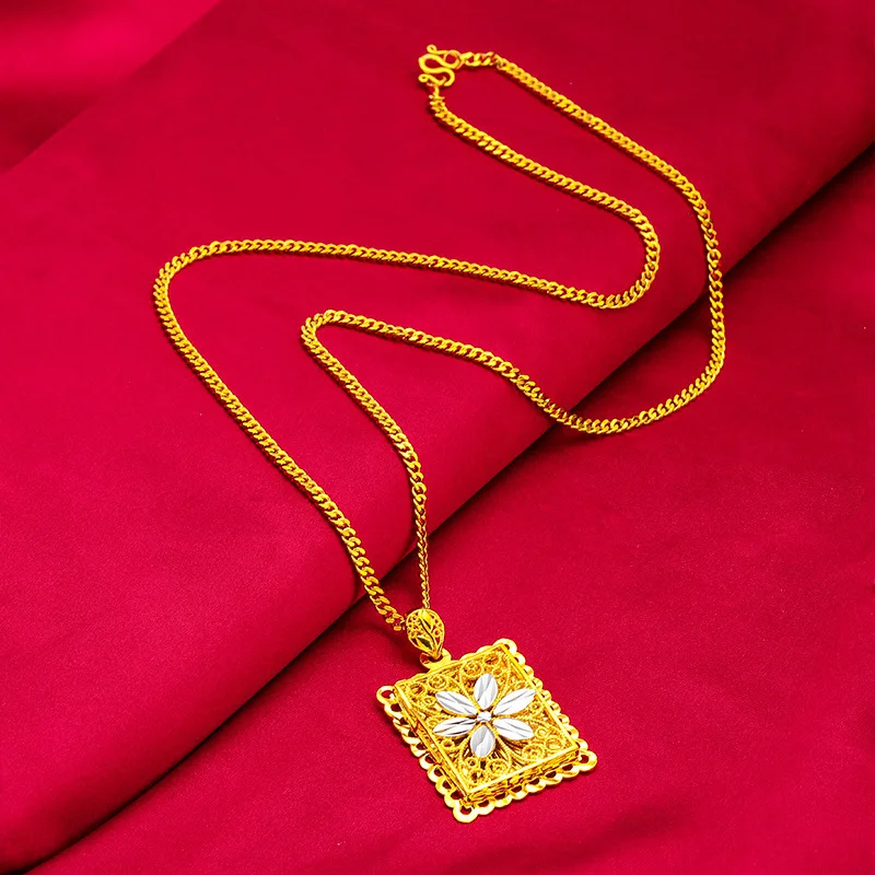 

24K Gold AU999 Women's Two-Tone Square Pendant - Polished-Matte Dual Tone + Geometric Square, Gradient Gold Plating at Boundary