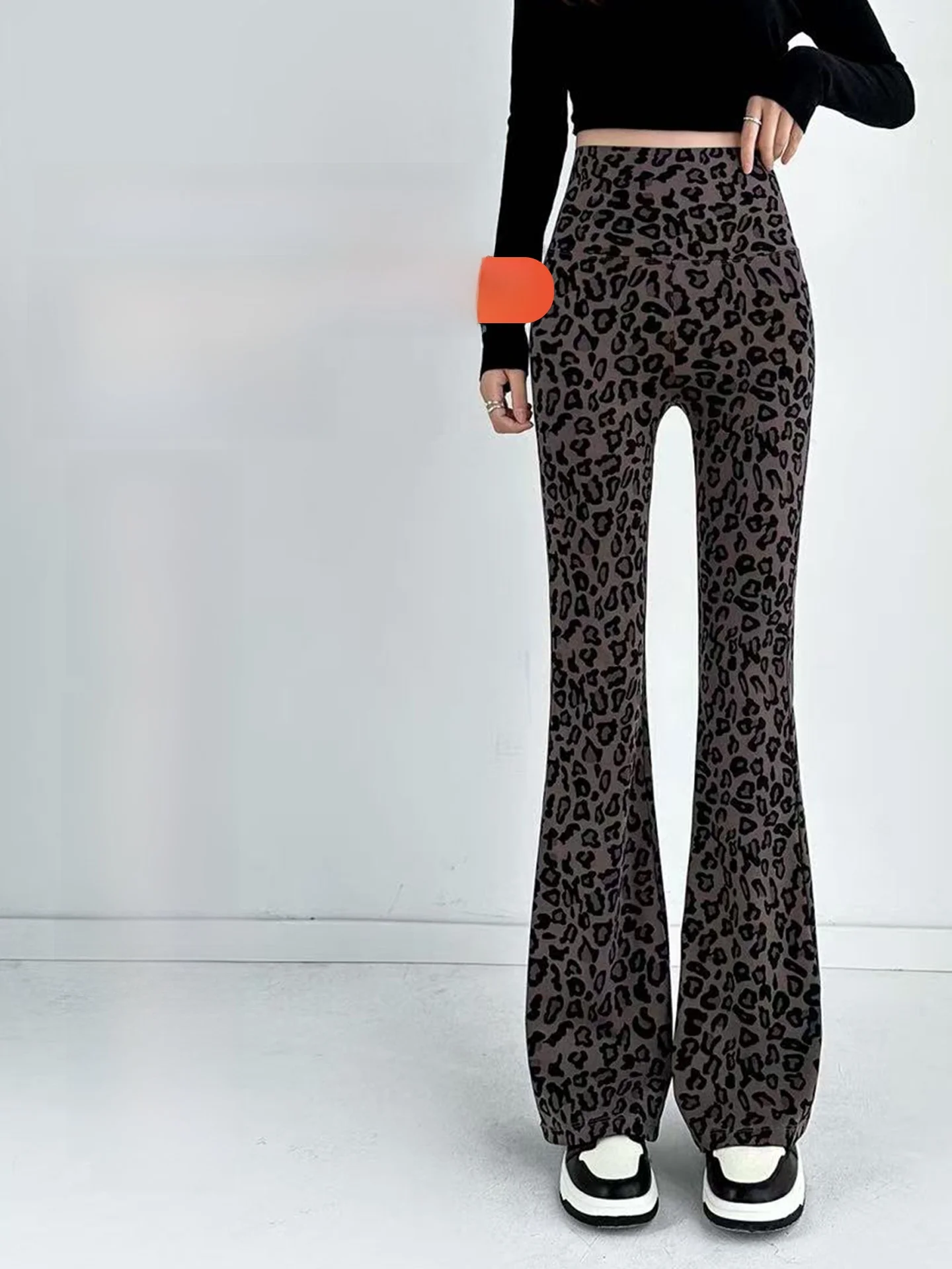 High Waist Fce Lined Flared Yoga Pants Women's Outerwear 2025 New plus Size Leopard Print ark Bite Trousers Autumn Winter