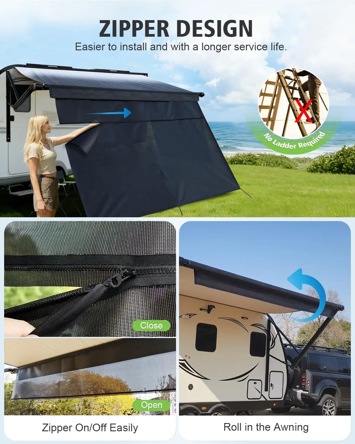 RV Awning Sun Shade Screen with Zipper, 8'x19'3