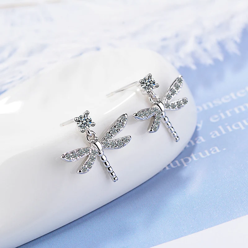 Women's Fashion Cute Dragonfly Stud Earrings Micro Crystal Paved Copper Small Simple Style Dangle Ear Piercing Jewelry Best Gift