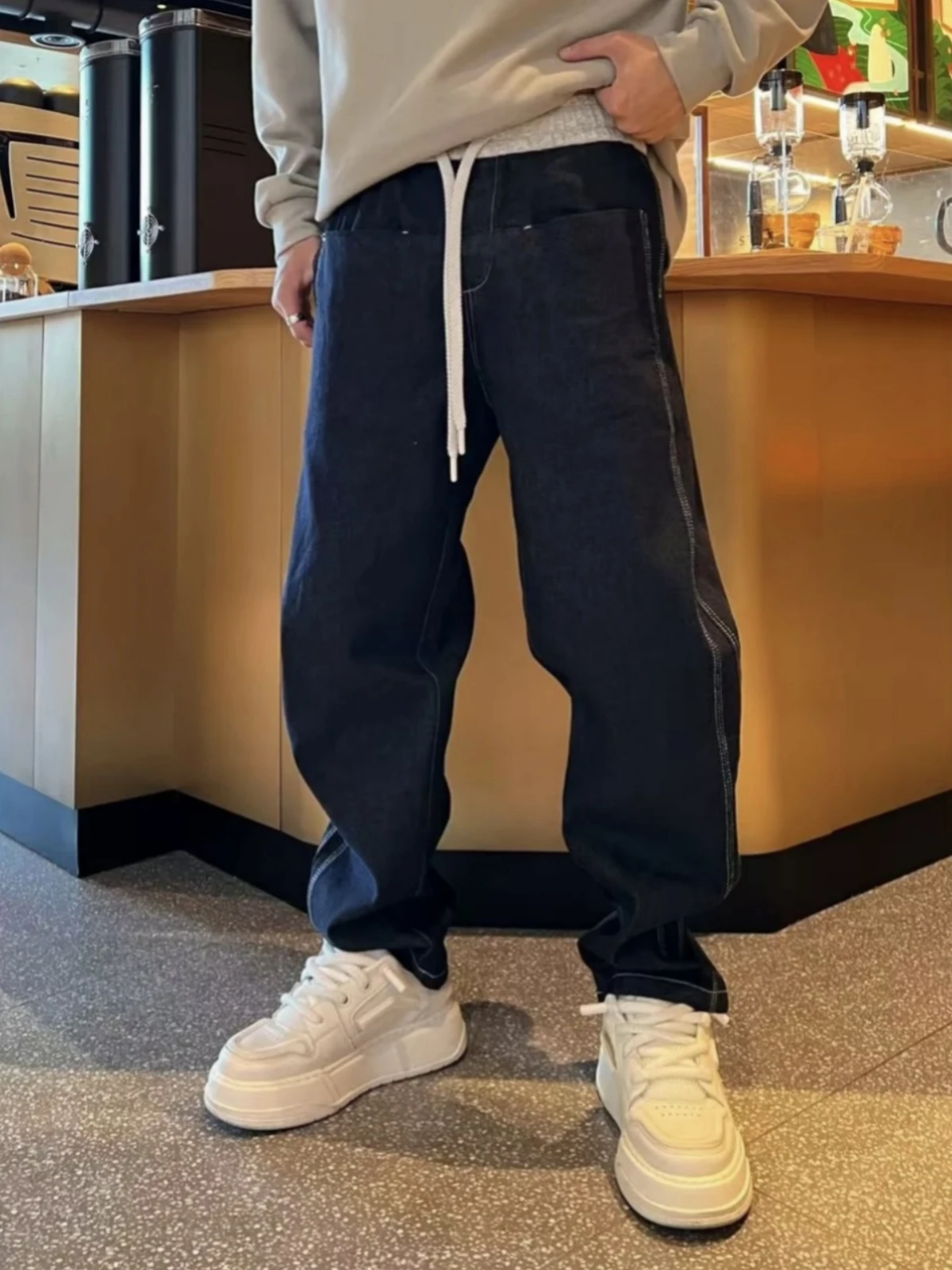 

Американские джинсы из эластичной ткани с длинной талией, мужские потертые прямые повседневные брюки, весенне-осенне-зимняя одежда