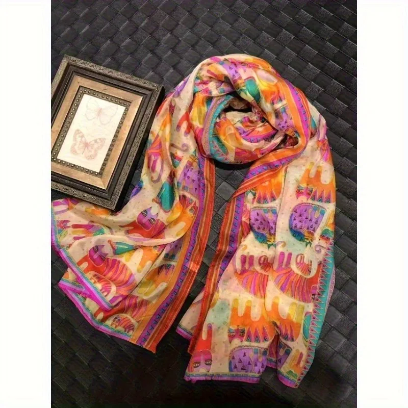 

Lightweight Large 100% Mulberry Silk Scarf for Women Oblong Shawl Neck Scarf Beach Wrap Headscarf Gift Pack Orange Cartoon Print