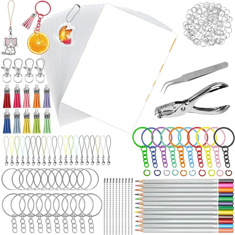 

Premium-Keychain Kit,With Hole Punch, Tweezers, 20 Sheets 7.9" X 5.7" Shrink Art Paper, Pencils, Colorful Key Rings& Jump Rings,