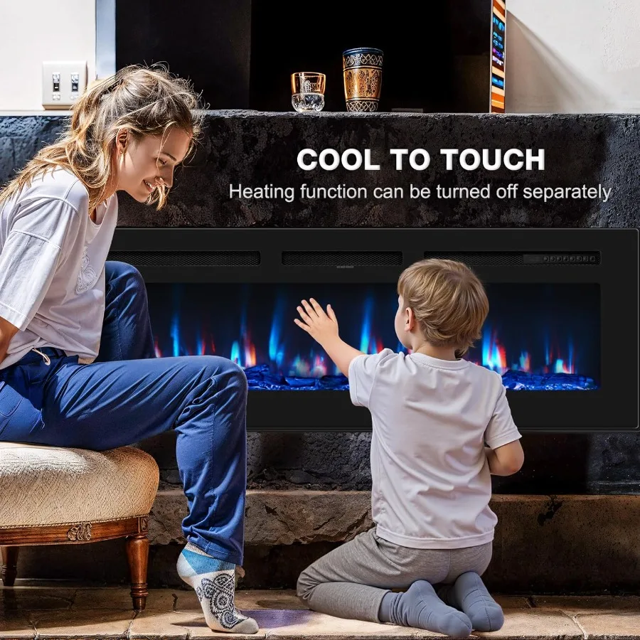 50 inch Electric Fireplace In-Wall Recessed and Wall Mounted with Remote Control 1500/750W Heater 60-99F Thermostat 12 Adjustab