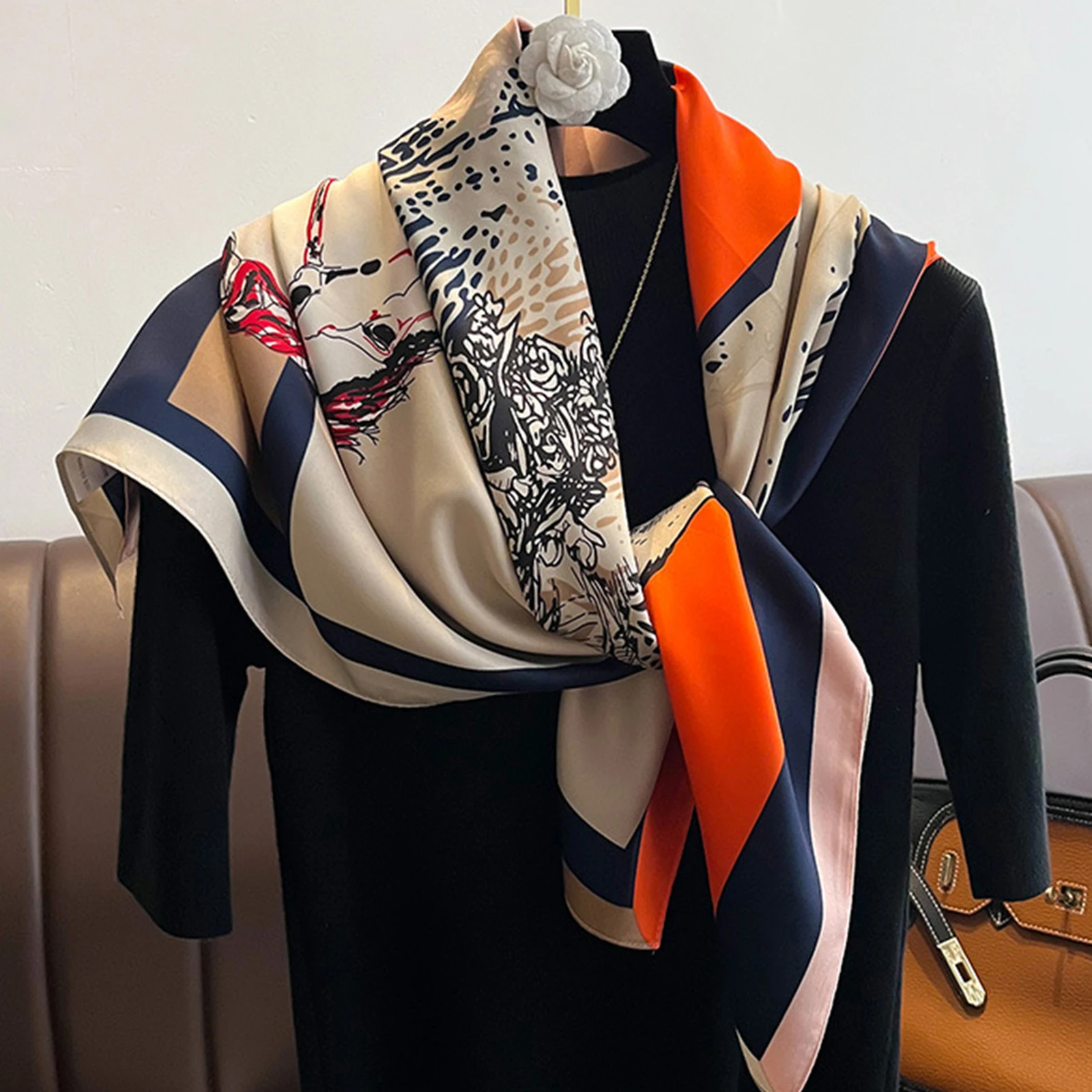 90*90cm Elegant Celebrity Plant Peony Flower Silk Scarves Fashion Women Headscarf Large Square foullard Muslim bandanna muffler