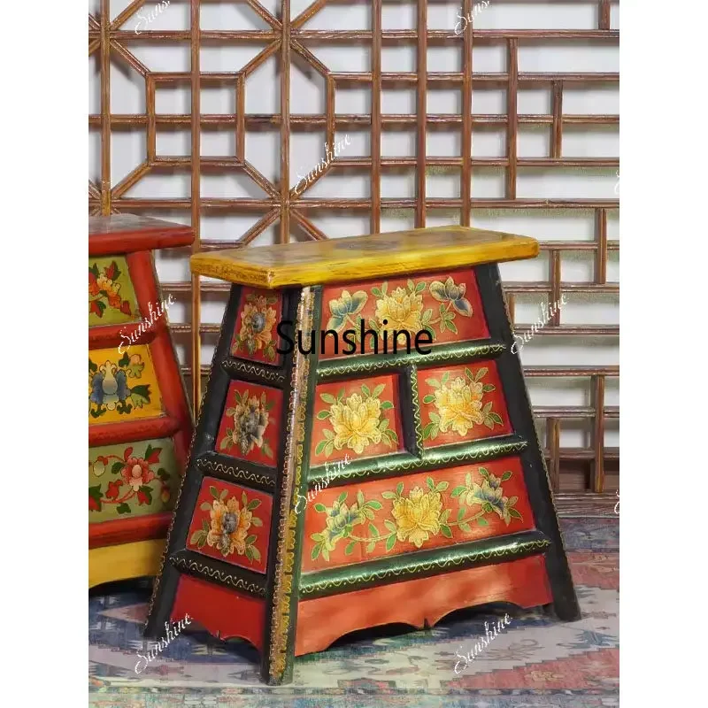 Chinese solid wood household low stool painted shoe changing stool
