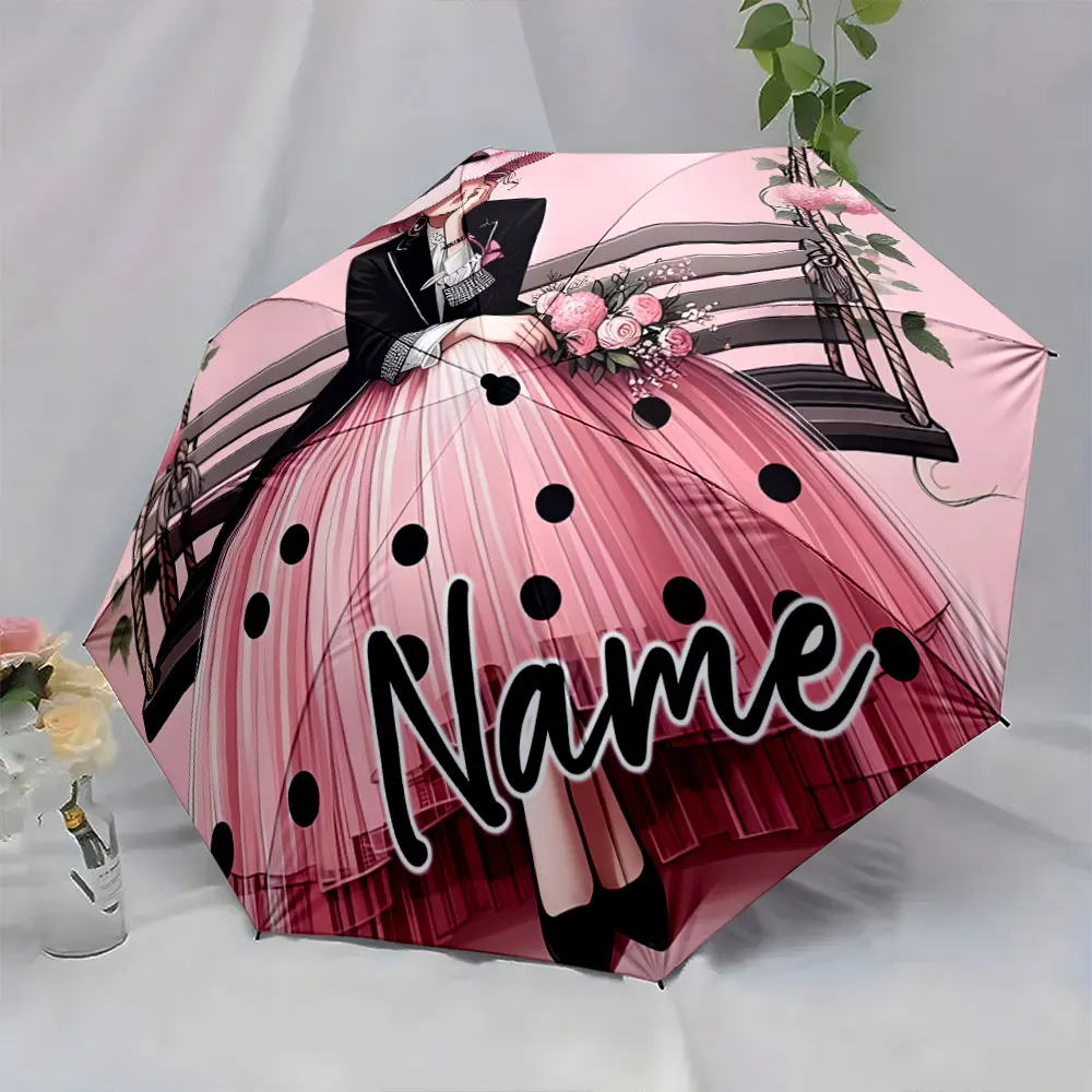 Custom Name Elegant Lady Design Pink Umbrella with Floral Motifs Print 8 Iron Ribs Folding Umbrella Auto-Open Fashion Sunshade