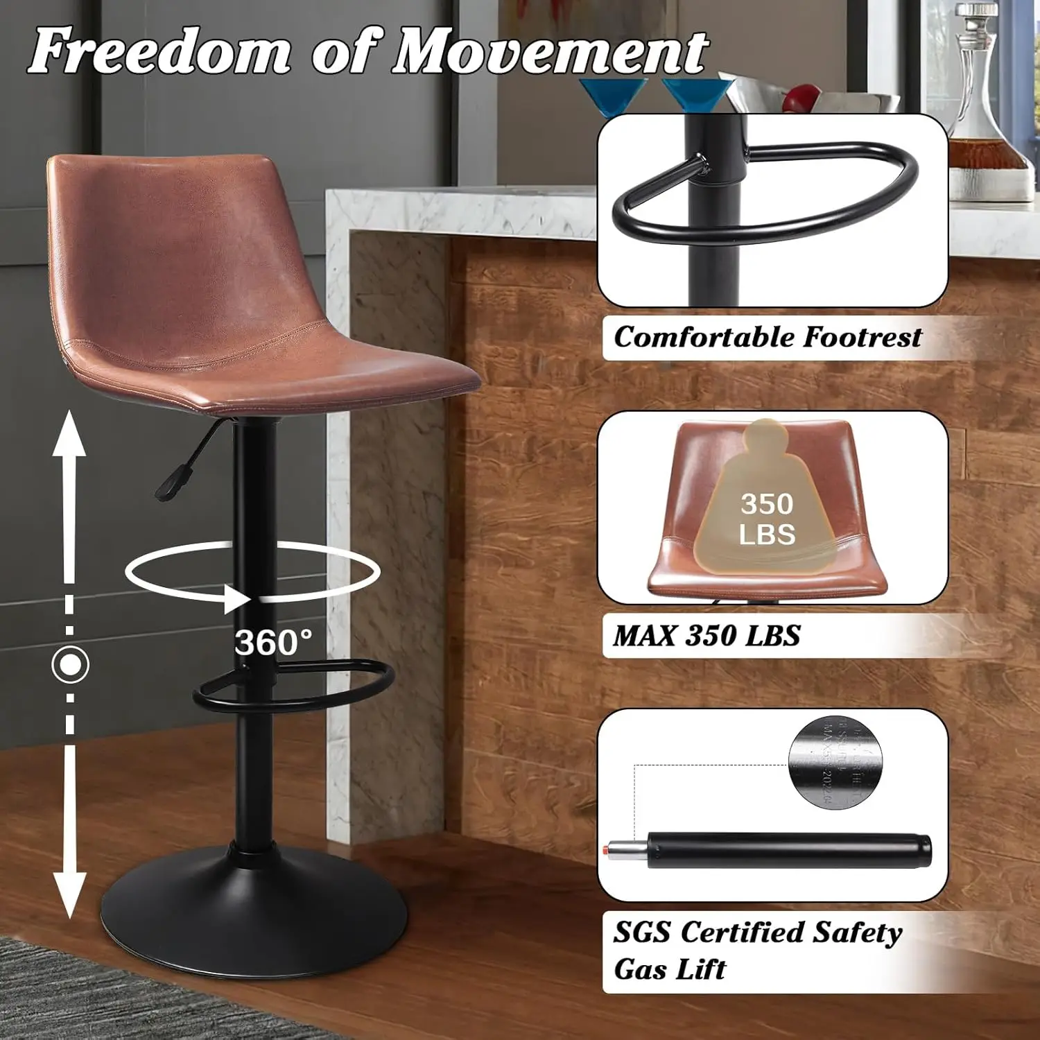 Waleaf Adjustable Swivel Bar Stools Set Of 2, Counter Height Bar Stools With Back,350 Lbs Pu Leather Bar Stool For Kitchen