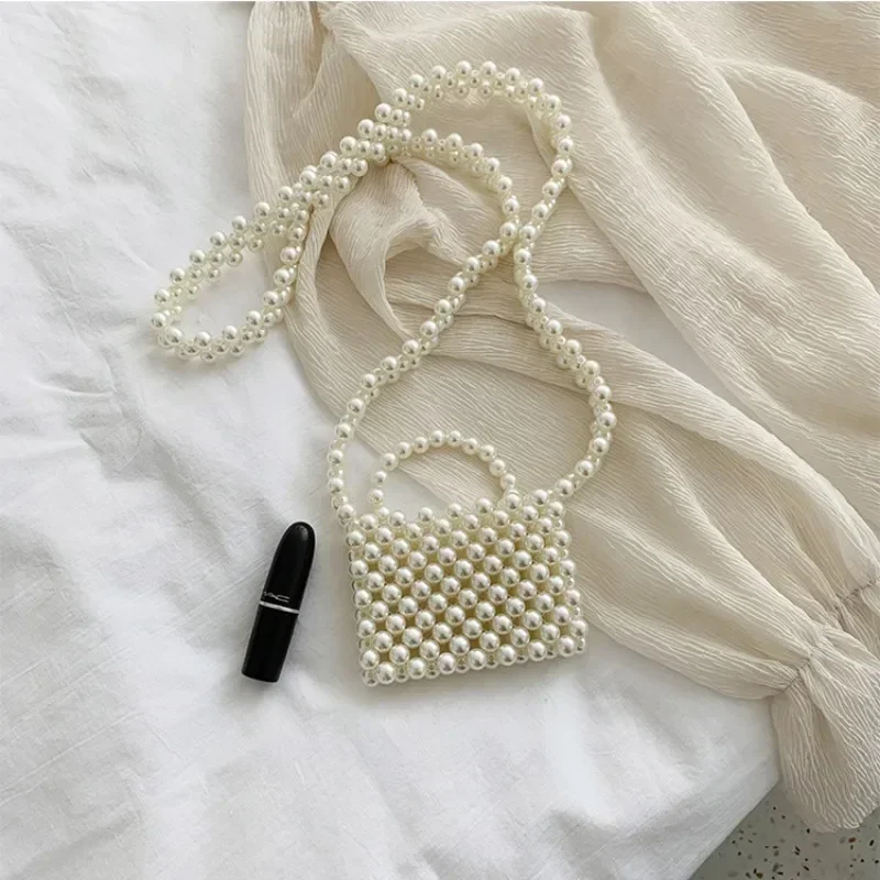 Bolso de perlas con cuentas a mano para mujer, Mini bolso cruzado Retro con cuentas de perlas de Color blanco, bolso de mano para fiesta y boda