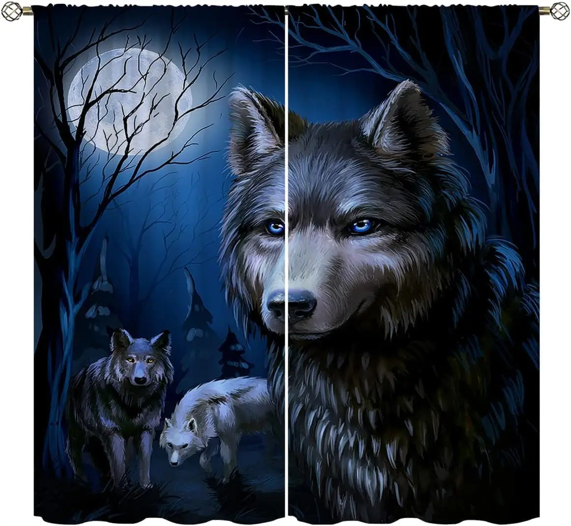 Wolf Blackout Curtains Home Decor,Wolf Howling Full Moon Rod Pocket Thermal Insulated Drapes Darkening Window Curtain for Girls