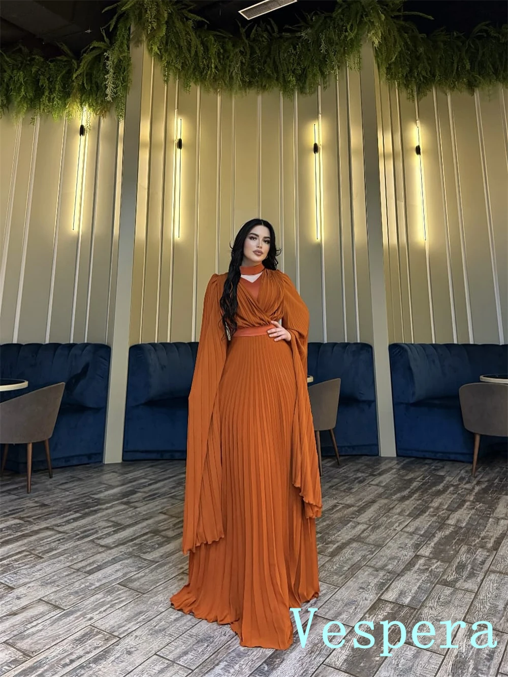 Aangepaste romantische chiffon avondjurk prachtige v-hals lange mouwen celebrity jassen mode sweep trein vestido de festa