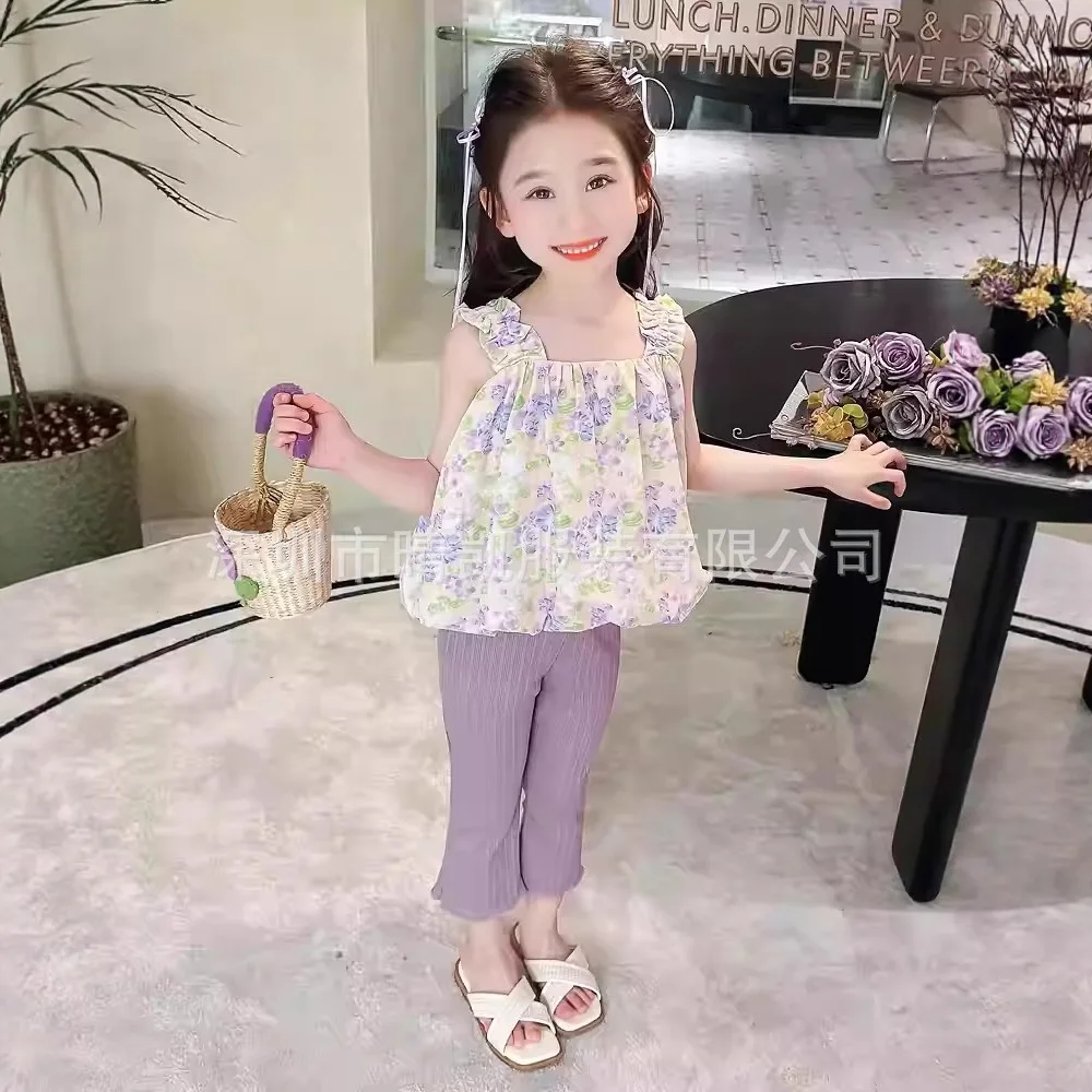 Girls' Floral Suspender Set Summer Baby Girl Sleeveless Vest Flared Pants Two-piece Set Little Girl Children's Clothing