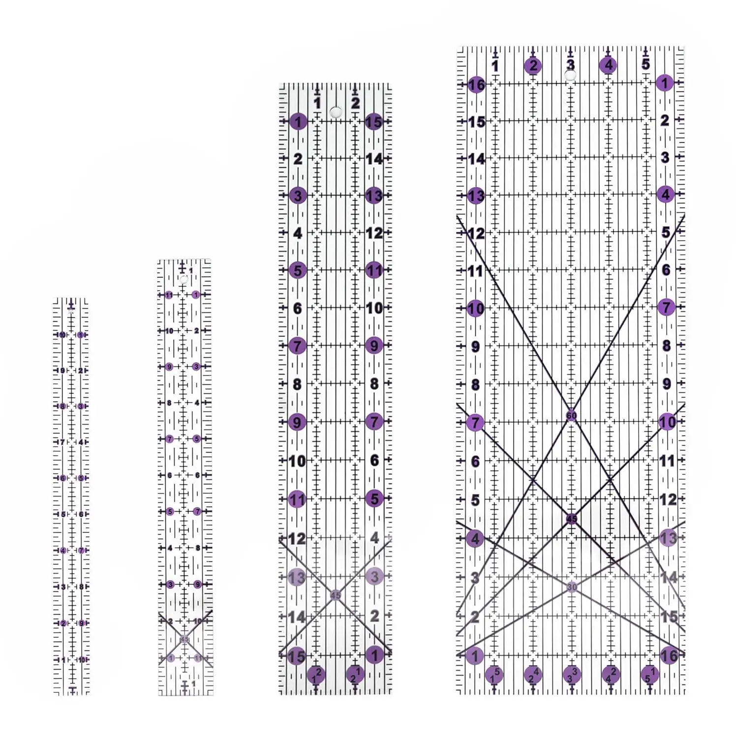 

Acrylic Quilting Ruler Set for Patchwork Fabric Cutting, Precision Sewing Templates with Clear Scales, 4-Piece Purple Rulers