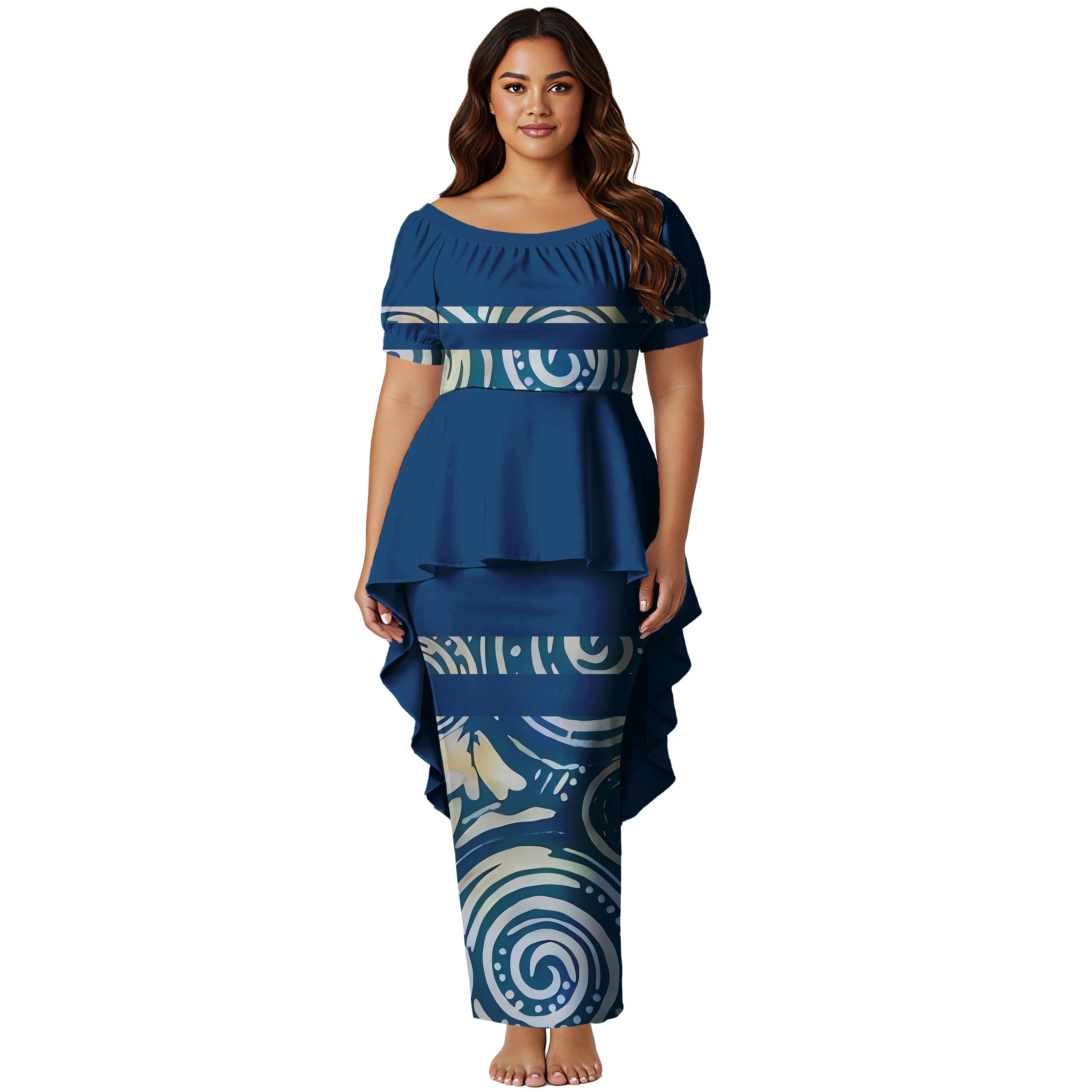 Custom Samoan Print Polynesian Swallowtail Hem Style Top and Skirt Large Size Ladies Long Puletasi Dress 2 Piece Set Outfits