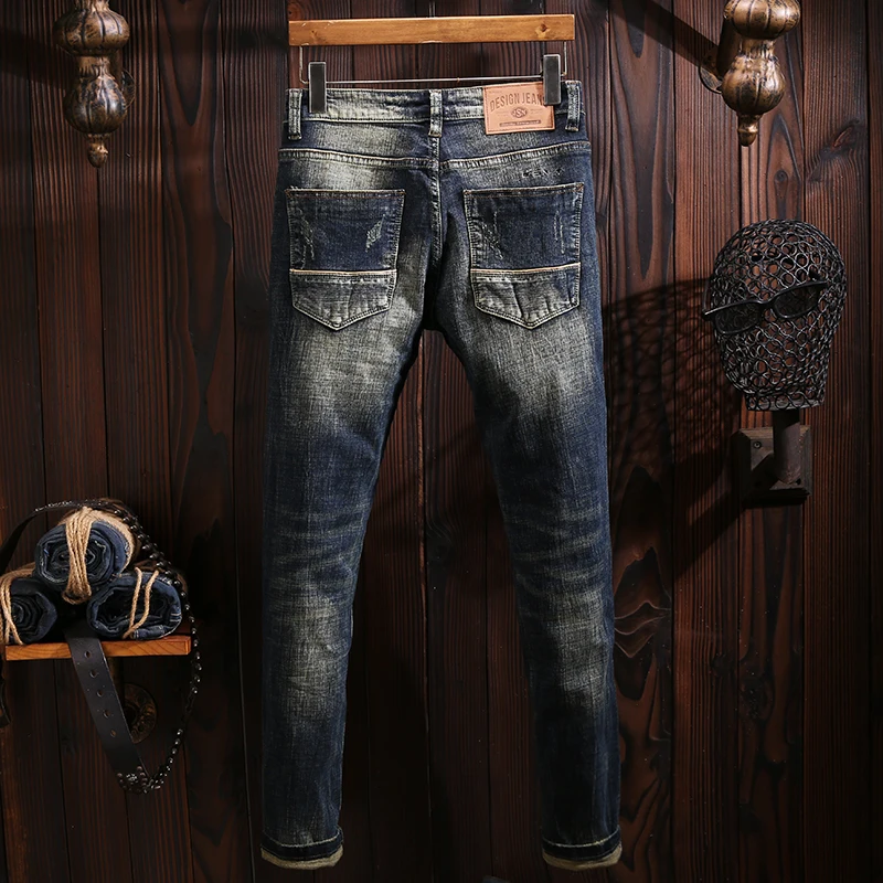 Fashion Designer Men Jeans High Quality Retro Blue Elastic Slim Ripped Jeans Men Trousers Embroidery Vintage Denim Pants Hombre