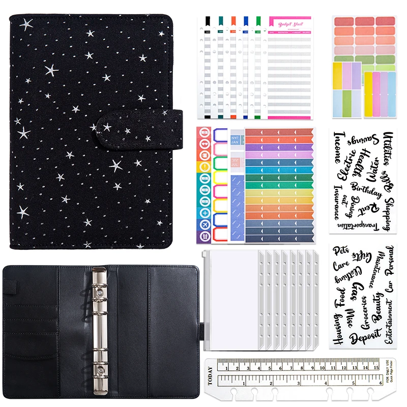 A6 Glitter Star Texture Binder Budget Planning Notebook Cover Folder Binder Pocket Plastic Binder Financial Planner Envelope Set
