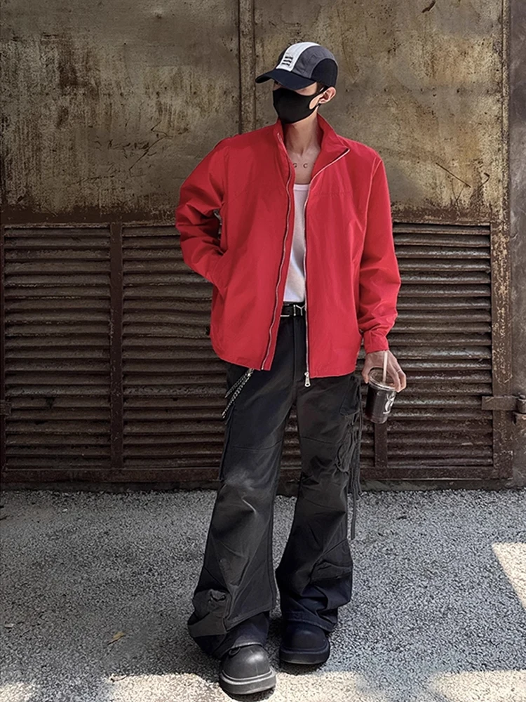 سترة رجالية حمراء بياقة عالية، خفيفة للخريف، مقاومة للماء، من الصوف الناعم، بأسلوب عصري، مقاس قياسي، إغلاق بسحاب