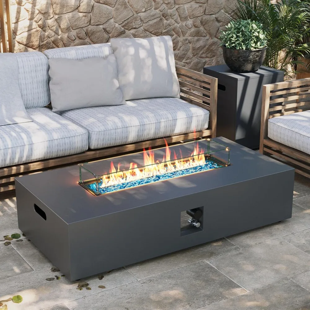 56-inch Outdoor Propane Gas Fire Pit Table 50000 BTU Iron Rectangle Firepit for Outside Patio with Tank Hidden Table, Wind Guard