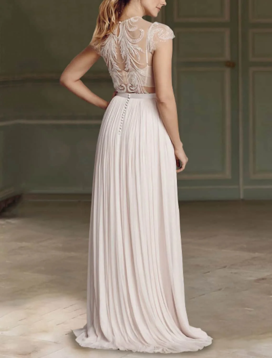 Robe de bal Sexy pour femmes, manches courtes, col en bijoux, Illusion de dentelle, hauts avec Appliques, robe de mariée romantique