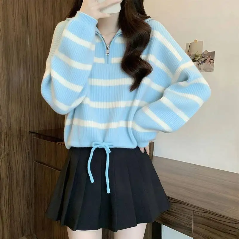 Y K Gestreepte Truien Dames Herfst Winter Halve Rits Kraagvorm Chique Gebreide Truien Vintage Contrast Streetwear Jumpers