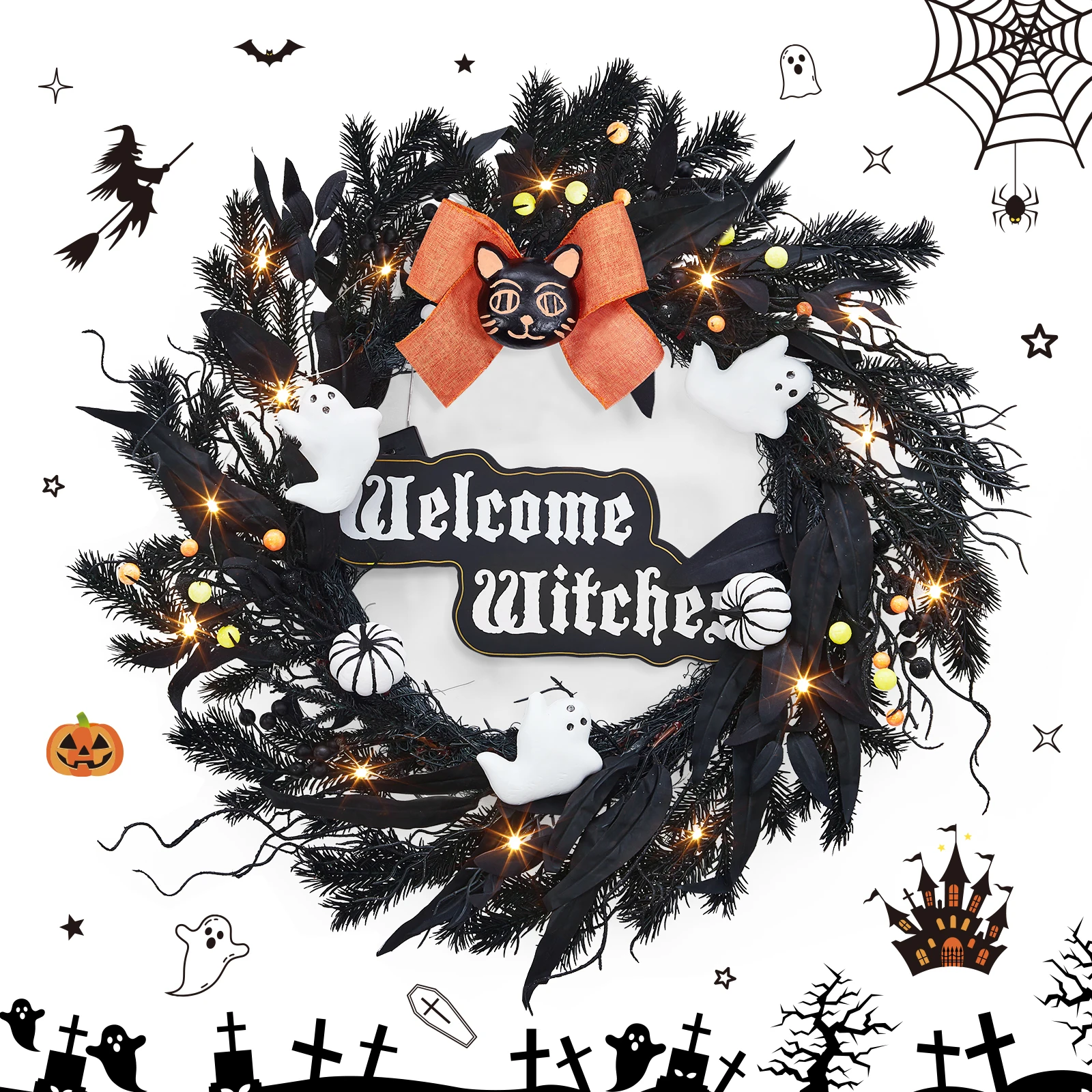 

Halloween Wreaths for Front Door,22 Inch Halloween Wreath with Black Cat,White Ghost,Pumpkin and Slogan,Halloween Door Hanger